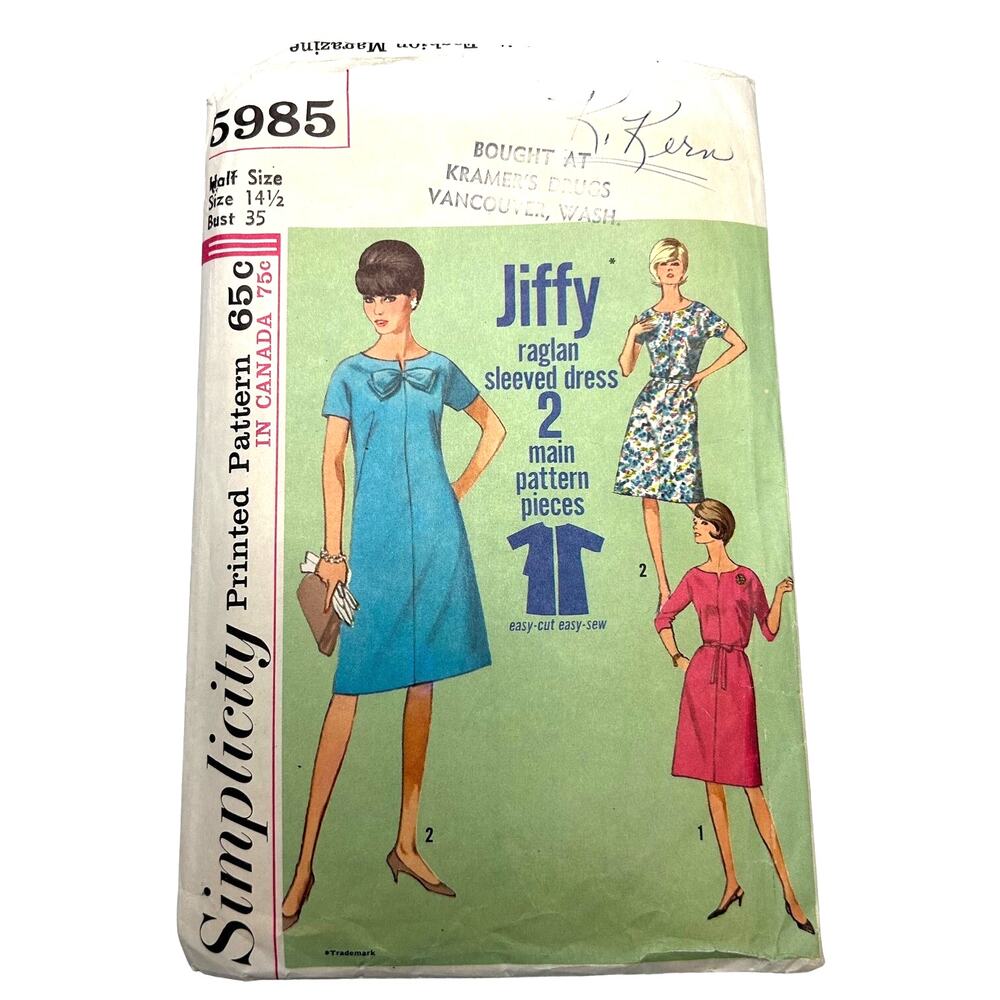 Simplicity‎ Vintage 1965 Pattern #5985 Jiffy Raglan Sleeved Dress Size 14.5